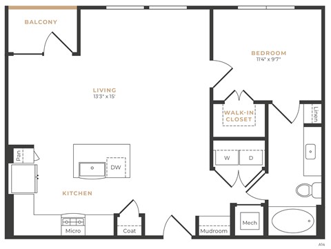 A floor plan of an apartment with a living room, kitchen, bedroom, and bathroom.